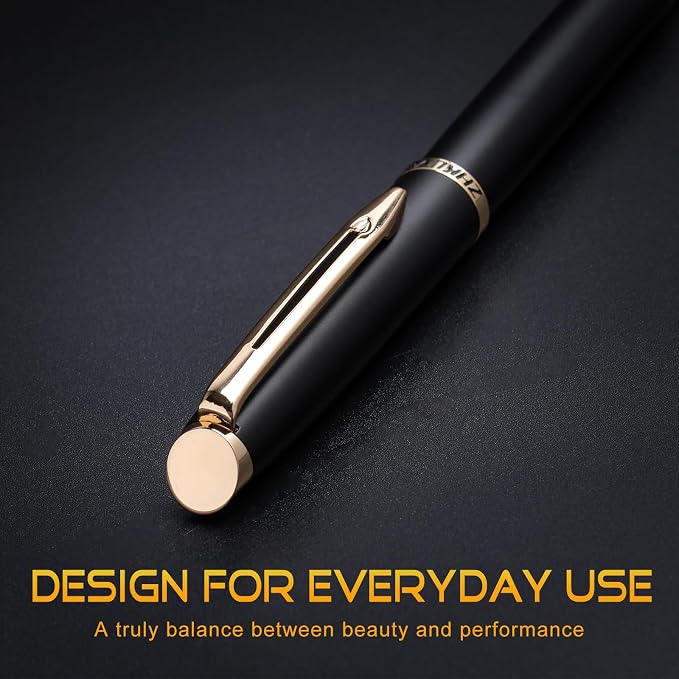 ZHKUVE Luxury Rollerball Pen, Stunning Black Lacquer with 24K Gold Trim, Switzerland Tip with Black Ink Refills, Elegant Gift Set for Men & Women, Executive Writing