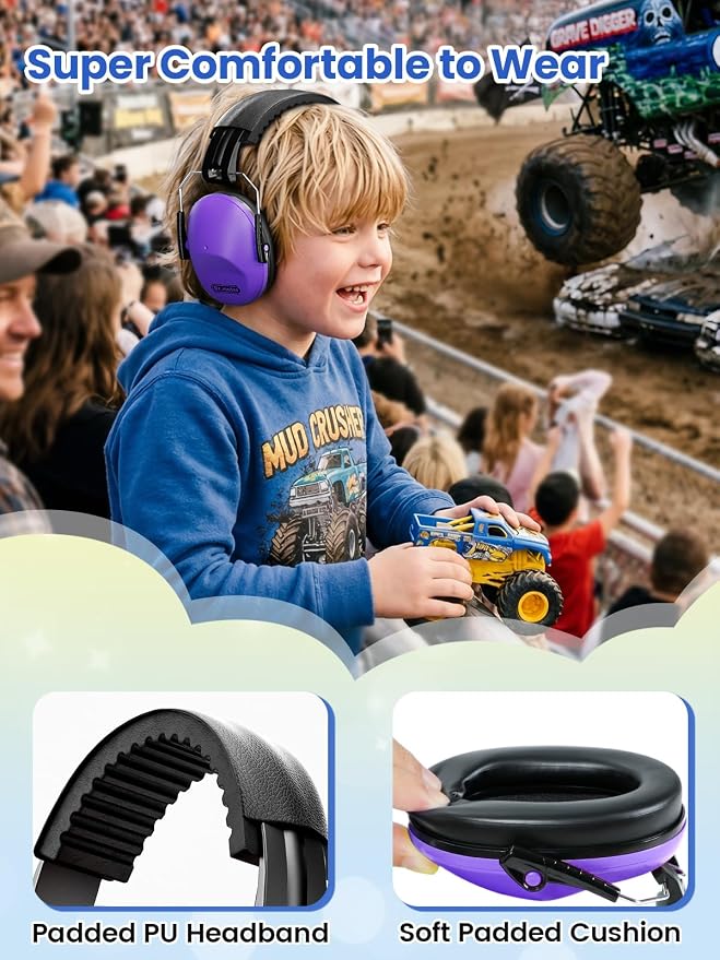 Dr.meter Ear Muffs for Noise Reduction: EM100 SNR27.4 Kids Ear Protection with Adjustable Headband - Kids Noise Cancelling Headphones for Monster Truck, Concerts, Fireworks and Air Shows - Purple