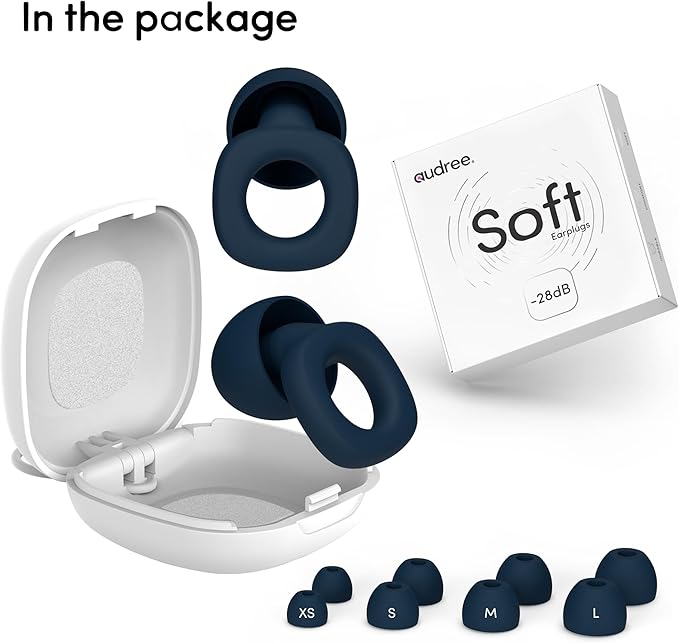 Audree Soft Ear Plugs for Noise Reduction, Reusable Flexible Earplugs for Sleep, Travelling, Focus, Study & Sensitivity, 28dB Noise Cancelling, 8 Silicone Ear Tips in XS/S/M/L, Blue