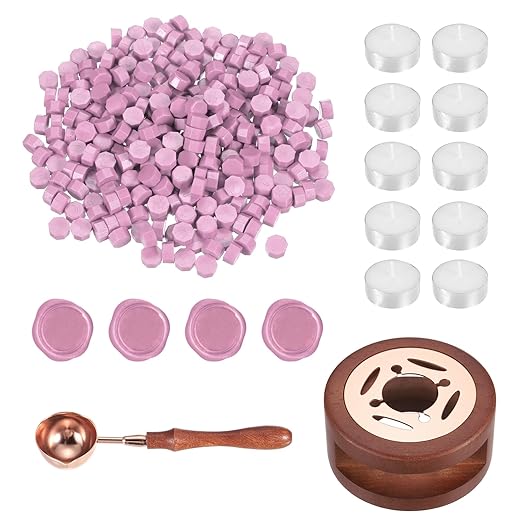 PATIKIL Wax Seal Kit, 300 Pcs Wax Sealing Beads, Wooden Warmer, Melted Spoon, 10 Pcs Tealight Candles for Envelope Letter Mailing Crafts DIY, Pink