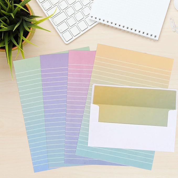 Watercolor Stationery Set with Envelopes, 16 Lined Paper Sheets + 8 Envelopes, Gradient Colors Stationery Paper for Writing Letter Poems Invitations Best Wishes