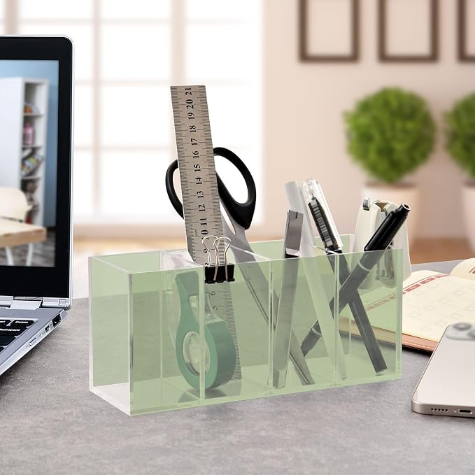 YETTASBIN Sage Green Solid Color Acrylic Pen Holder, 4 Compartments Sturdy Clear Pencil Holder Cosmetic Brush Storage Box for Dorm Home Office Desk Accessories, Flatware Organizer for Kitchen