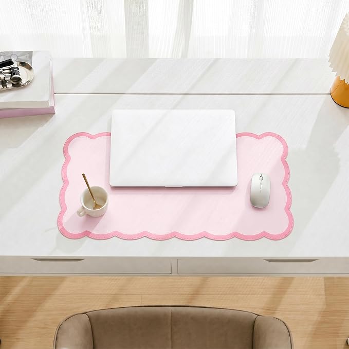 Scalloped Desk Mat, 23.6" x 11.8" Cute Small Aesthetic Desk Accessories, PU Leather Computer Laptop Desk Mouse Keyboard Pad, Desk Writing Mat for Vanity/Work/Home Decor Pink