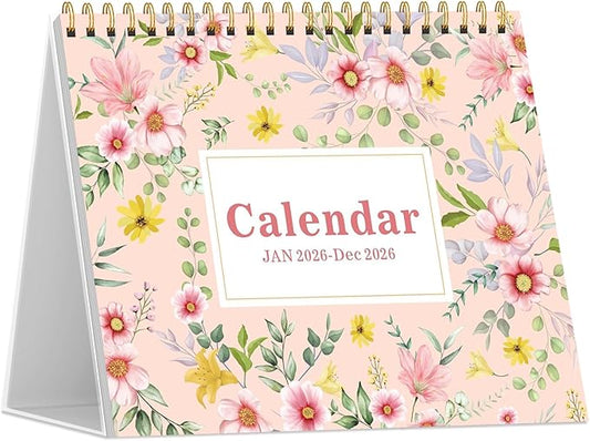 Desk Calendar 2026, Desktop Calendar 2026 Standing Flip Cover 12 Month(January - December), Small Desk Planner with Stickers & Notes for Office Accessories and Home School Supplies, 8" x 6", Floral