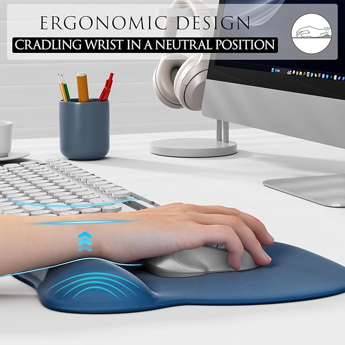 MROCO Ergonomic Mouse Pad with Gel Wrist Rest, Smooth Wrist Support Surface, Non-Slip PU Base for Pain Relief, Comfortable Mousepad for Computer, Laptop, Office & Home, 9.4 x 8.1 in, Navy Blue