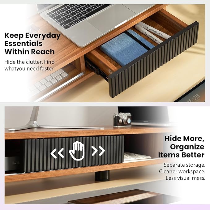 Artswish Dual Monitor Stand with Power Outlet, 42" Walnut Monitor Riser | Built-In Power Outlet, Drawer & Sliding Door Storage, Ergonomic Viewing Height, Walnut Wood Finish, For Office Work & Study