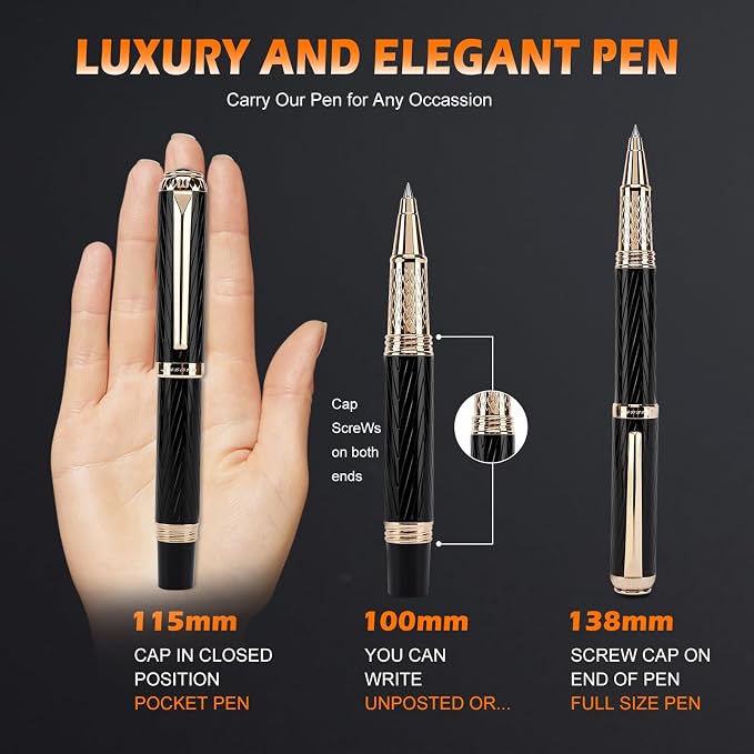 Mini Pocket Roller Ball Pen with Real 24K Gold Finish, Nice Fancy EDC Rollerball Pens for Writing Note Taking Signature, Good Pen Set Gifts Christmas Birthday Graduation