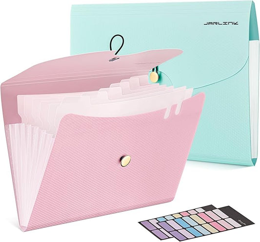 JARLINK 7 Pockets Expanding File Folder, A4 Accordion File Folders with 12 Labels, Cute Paper Organizer, Portable Document Organizer for College School Office Supplies, Macaron Blue & Macaron Pink