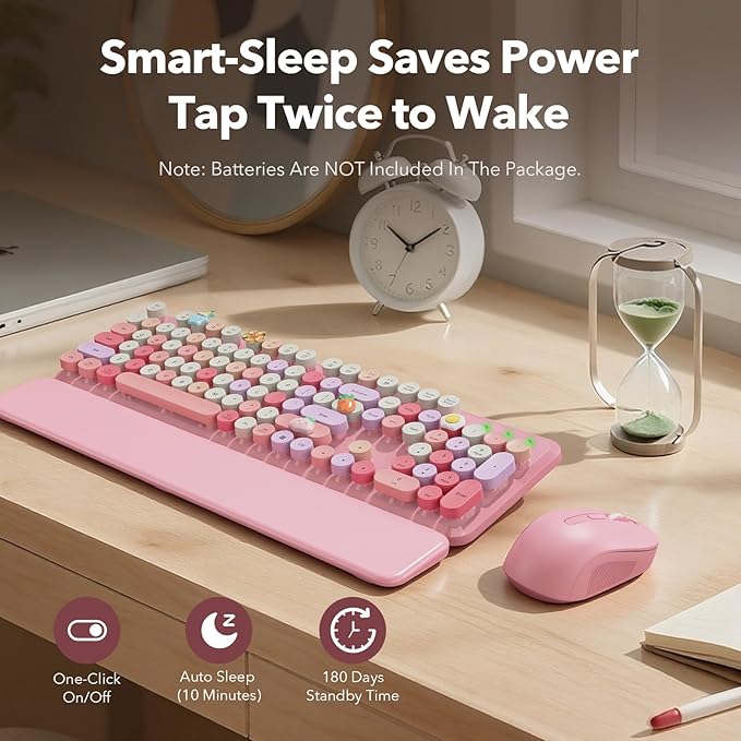 Wireless Keyboard and Mouse Combo, Cute Retro Typewriter Keyboard with Round Keycaps, Full-Size Aesthetic Keyboard with Magnetic Wrist Rest, 2.4GHz USB for Windows/Mac Desktop Laptop(Pink Multi-Color)