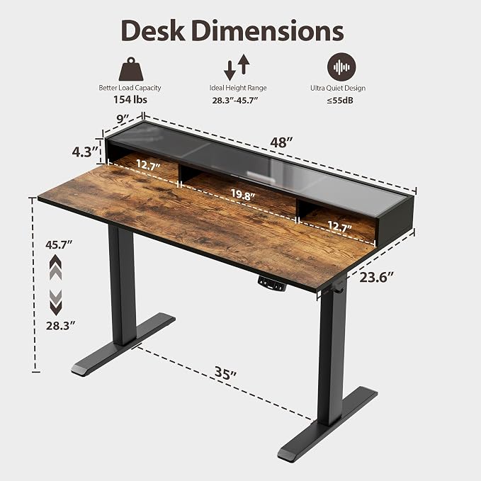 Agilestic 48 x 24 Inches Electric Standing Desk with Storage, Adjustable Height Sit and Stand Computer Table with Glass Shelf, Splice Board, Rustic Brown