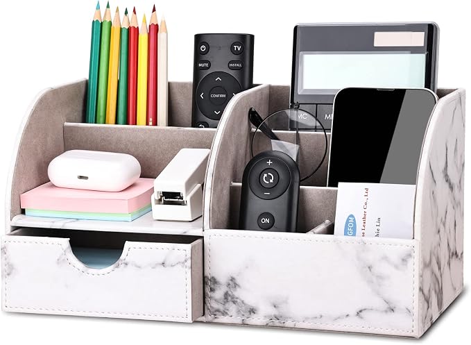 Pu Leather Desk Organizer Pen Pencil Holder Office Supplies Caddy Storage Box 6 Compartments with Drawer Gray Marble