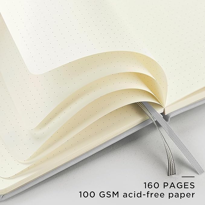 &And Per Se Dotted Journal Notebook, A5 Hardcover Leather Dotted Journal, 160 Pages 100gsm Thick Dot Grid Paper, 3 Sheets of Stickers Included - 5.7'' x 8'' (Grey)