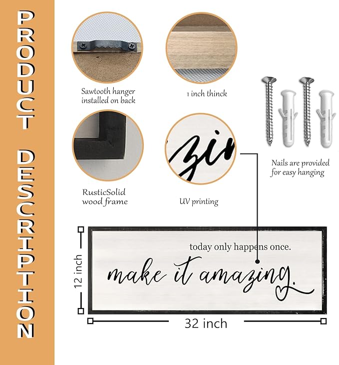 RLWangChao Today Only Happens Once Make It Amazing Wall Art Decor 32x12 Inch Large Inspirational Quote Sign Rustic Living Room Vintage Wood Frame Office Motivational Home Wall Hanging (Black)