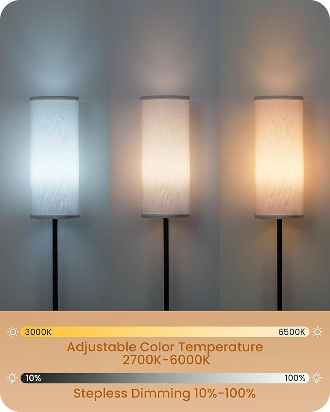 Set of 2 Dimmable Floor Lamps for Living Room with 2 Remotes and Foot Switch, 64.4”Modern Standing Tall Lamp, Corner Lamp for Bedroom, Bulb Included, 3000K-6500K, White Shade CW06LDP205W1