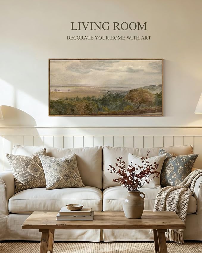 InSimSea Extra Large Framed Vintage Wall Art, Living Room Country Farmhouse Decor, Soft Pastel Hill Sky Landscape Canvas Prints, Retro Scenery Long Picture for Bedroom Above of Bed, 20x40inch