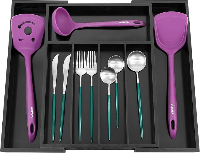 Utoplike Bamboo Silverware Drawer Organizer, Black Kitchen Utensils Tray | Expandable Drawers Organiser, Cutlery Dividers, Flatware Caddy Drawer Insert, Office Supplies, 5-7 Slots