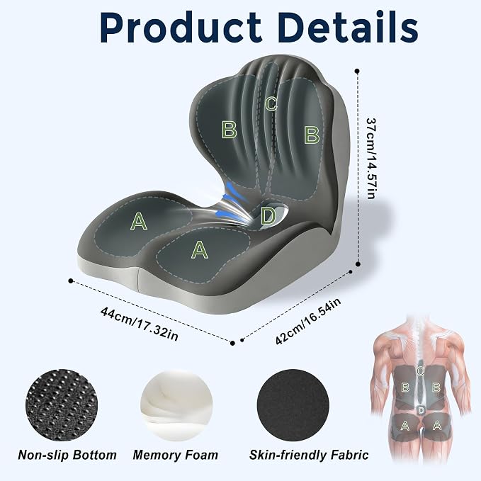 Seat Cushion for Office Chair Car, L-Shaped Ergonomic Seat Cushions,Memory Foam Orthopedic Cushion with Coccyx Hollow,Lumbar Support & Tailbone Pain Relief for Car, Truck, Home,Dark Gray & Light Gray