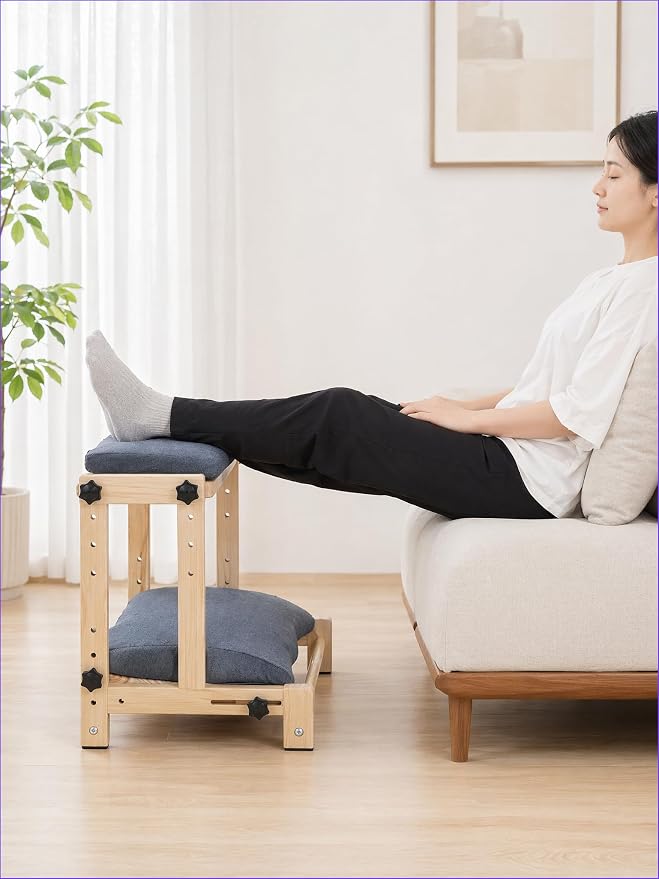 Double Step Foot Rest for Under Desk, Adjustable Wooden Foot Stool with 4 Heights – Ergonomic Desk Foot Rest with Soft Short Flannel Cushion for Office, Home, Gaming & Study – Natural Pine Wood