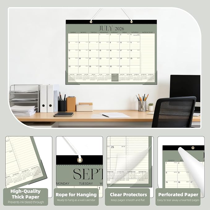 ZTX Desk Calendar 2026-2027,18 Months Calendar from July 2026 to December 2027,17" x 12" Big Calendars 2026-2027 Monthly Planner with Plastic Cover for Teacher Home Desk Top Green