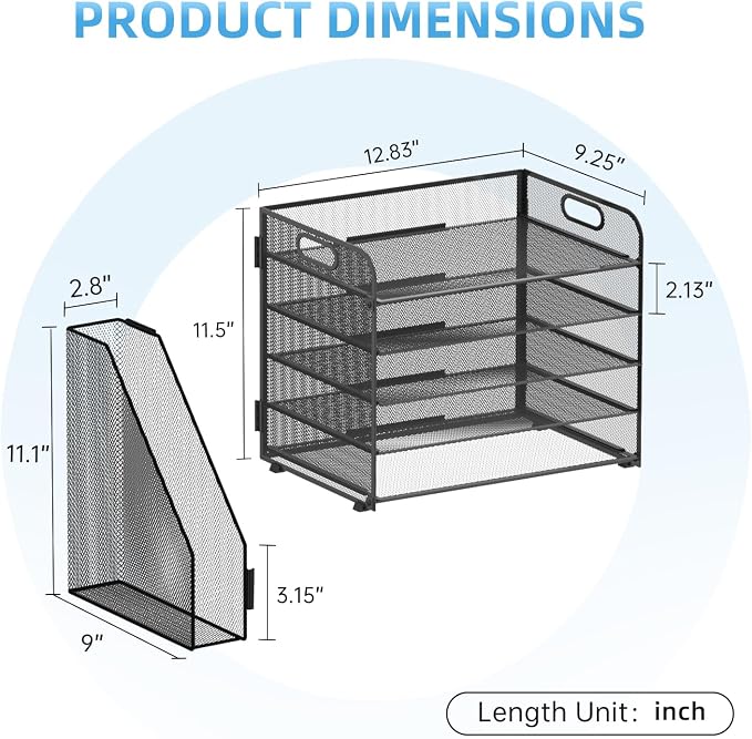 5-Tier Desk Organizer with File Holder, Paper Organizer for Desk, Black | 5 Letter Trays and Vertical File Holder with Metal Mesh Frame for Papers Folders Books and Mail in Office Home or School