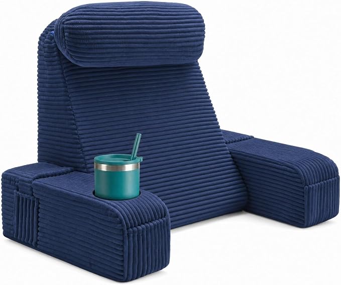 Reading Pillow for Adults, Back Pillow for Bed Sitting Up, Backrest Pillow for Sitting in Bed, Detachable Arms with Built-in Cup & Phone Caddy (Dark Navy-Corduroy, 19 INCH)
