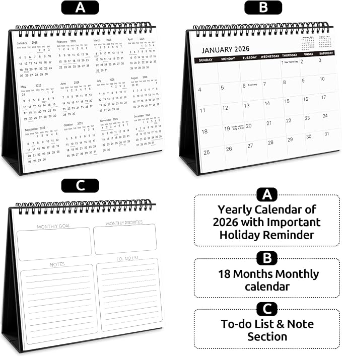 SKYDUE Desk Calendar 2026-2027, 21 Months Small Desk Calendar 2026-2027, Apr 2026 to Dec 2027, 10" x 8" Desktop Calendar Planner with Stickers, Black