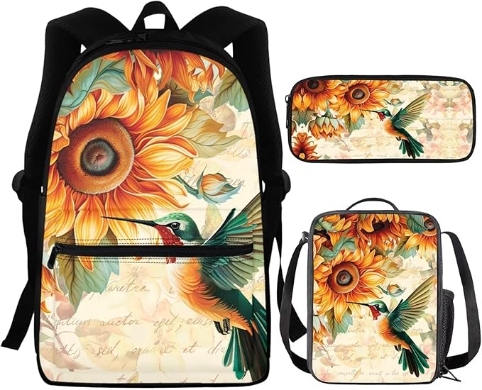 Hummingbird School Backpack 3 Pcs Set for Girls 10-12 Sunflower School Book Bag and Lunch Bag Set for Toddler Girls Backpacks Back to School Supplies