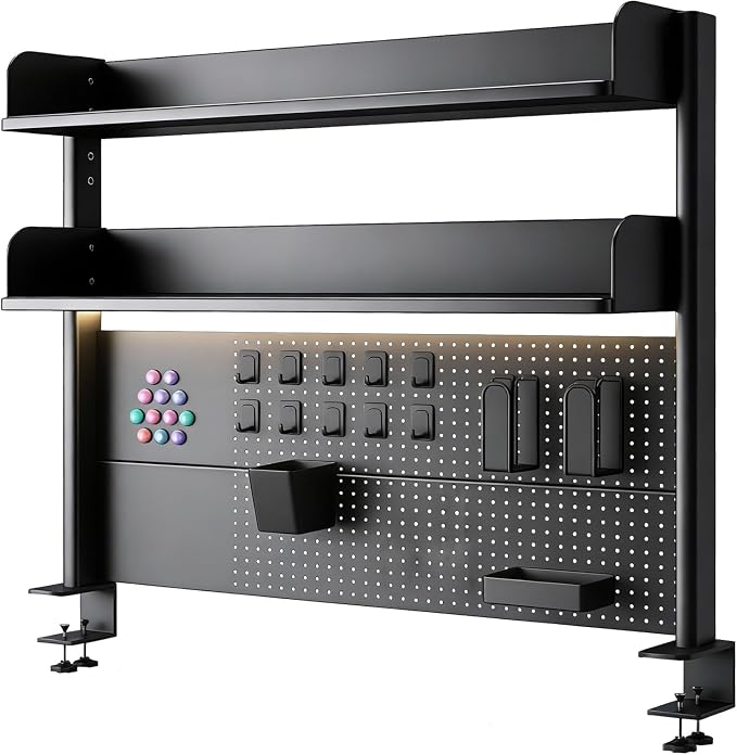 CHSSIH Clamp On Desk Pegboard Shelf - Metal Desktop Organizer Hutch with 2 Shelves for Storage and Display, Desk Add-On Shelf for Office, Dorm, or Computer Monitor Stand, Black (39.3")