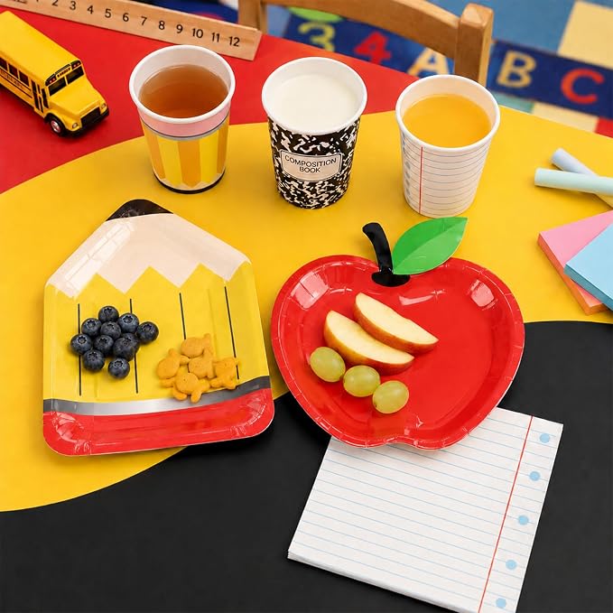 Back to School Party Supplies Kit Apple Pencil Notebook Composition Tableware Set Disposable Dinnerware Paper Napkin Plate Cup Fork for First Day of School Kindergarten Graduation Decor, 24 Guest