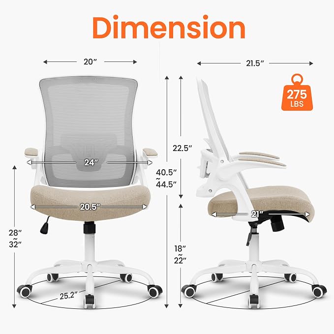 NEO CHAIR Office Chair High Back Desk Mesh Chair Comfy Computer Gaming Seat with Adjustable Ergonomic Lumbar Rolling Flip-up Armrests and Wheels (Beige)