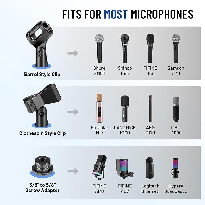 CAHAYA Mic Stand Floor Adjustable - Tripod Boom Arm Microphone Stand with Carrying Bag 2 Mic Clips 3/8" to 5/8" Adapter for Singing Podcast Compatible with Blue Yeti Shure SM58 SM48 Fifine K669B