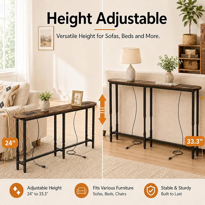 Forteek 78.8" Narrow Sofa Table with Power Outlets, Adjustable Height | Smooth Rounded Corner,Behind Couch with Storage for Living Room,2 USB Ports,Charging Station,Rustic Brown,Anti-Bump Pads