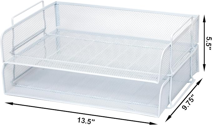2 Pack Stackable Desk Paper Tray, Metal Mesh Desktop Document Letter File Organizer for Office Home School, 13.5'' L x 9.75'' W x 5.5'' H, White