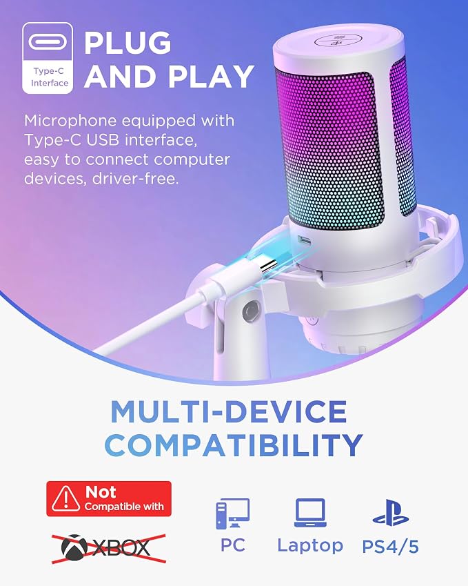 InnoGear USB Gaming Microphone Set, Noise Cancellation Condenser Mic with Boom Arm RGB Mute Headphones Jack for Streaming Podcasting Recording Vocal PC Computer YouTube Discord PS4 PS5, White