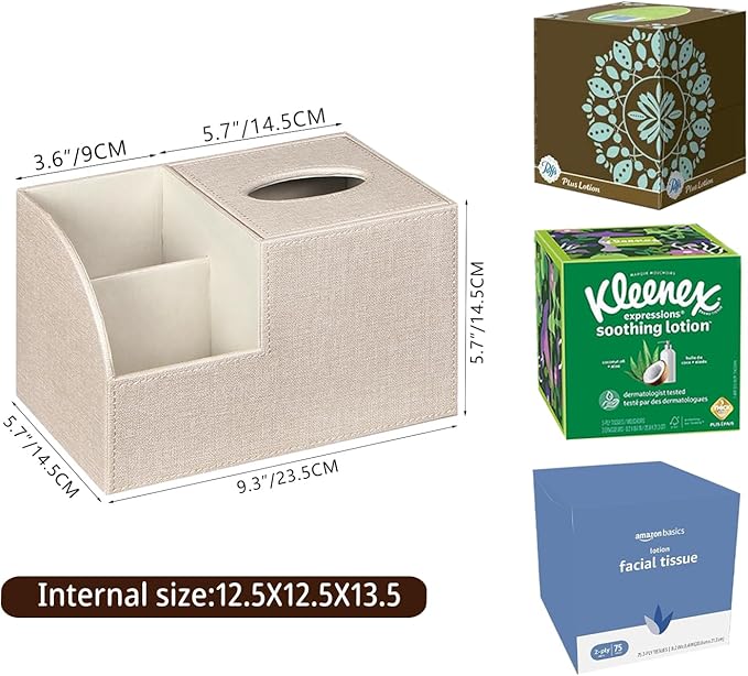 PU Leather Square Tissue Box Cover - Multi-Functional Tissue Box Holder | Tissue Box Cover with Storage,Tissue and Remote Control Holder/Caddy,Cube Tissue Box Organizer Bedroom Nightstand End Table