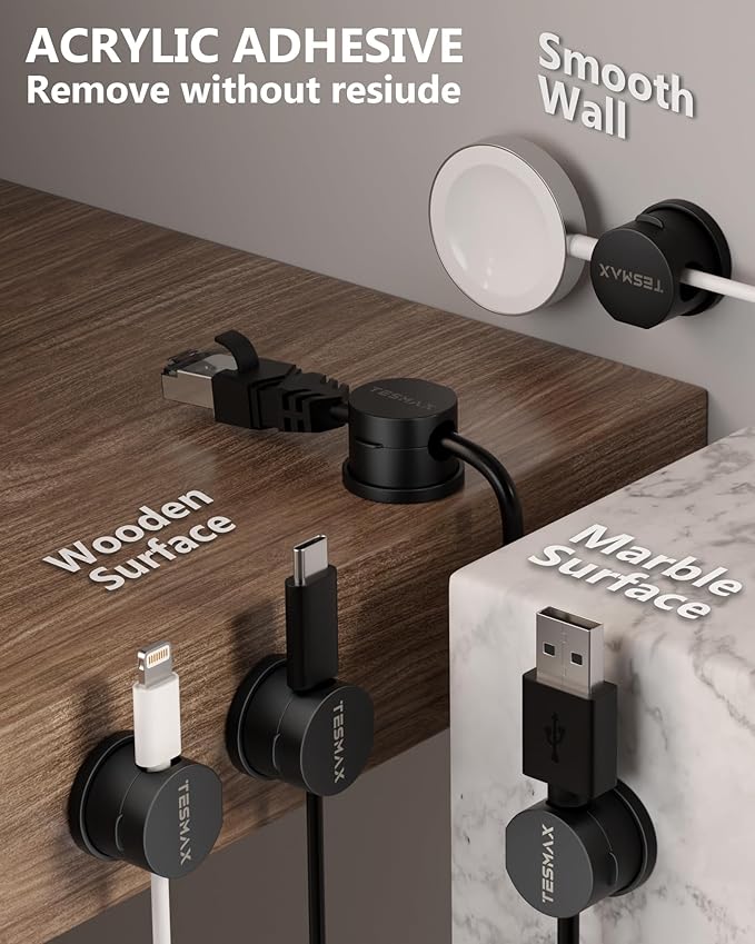 6Pack Magnetic Cord Holder 360° Rotating, 1s Lock Adhesive Desk Organizers | 8mm Cable Pass-Through, One-Hand Easy Installation for Cable Management, Phone Charging Wires Nightstand Car Home Office