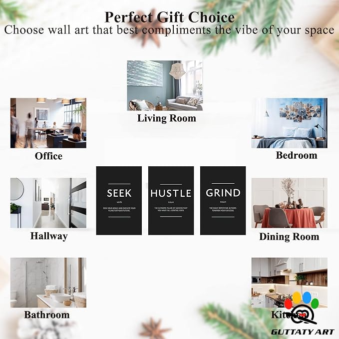 Office Wall Art - 3 Panel Motivational Wall Art, Inspirational Quotes Canvas Art for Home Office Wall Decor, Positive Quotes Wall Decor, Entrepreneur Grind Hustle Execution Poster Frame (12”x24”x3Pcs)