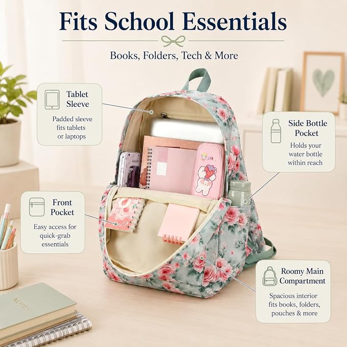 Bluboon Teens Backpack Set Girls School Backpack Lunch Box Pencil Bags Student Bookbags 3 in 1 (Pink Bow Rose)