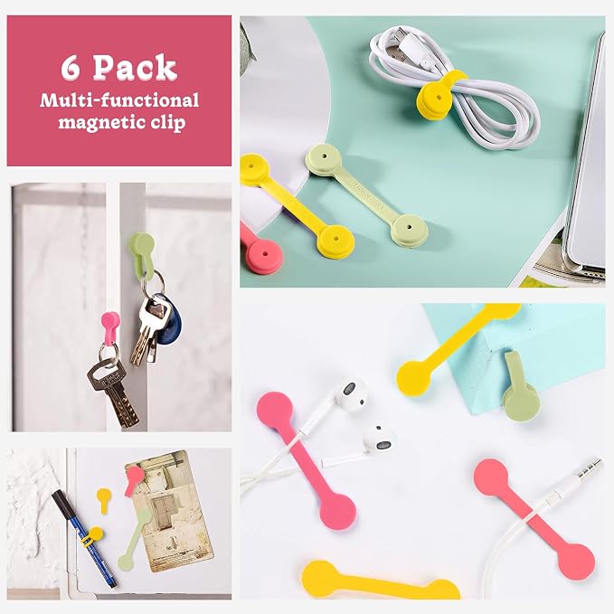 Viaky Magnetic Cable Ties 6-Pack,Silicone Twist Ties,3 Colors | Magnetic Cord Organizers for Wires, USB Cables, Earphones,Bookmark ,Reusable Cable Straps for Home,Office,Kitchen,School