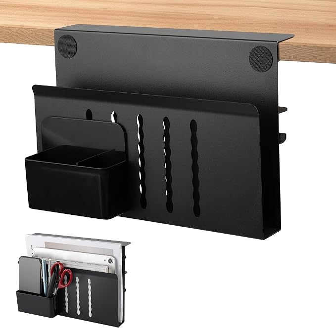Desk Side Storage with Pen Holder, No Drill Hanging Organizer | Laptop Holder Under Desk Organizer, Multi-Functional Table Side Tray, Desktop Space Saver for Office & Home