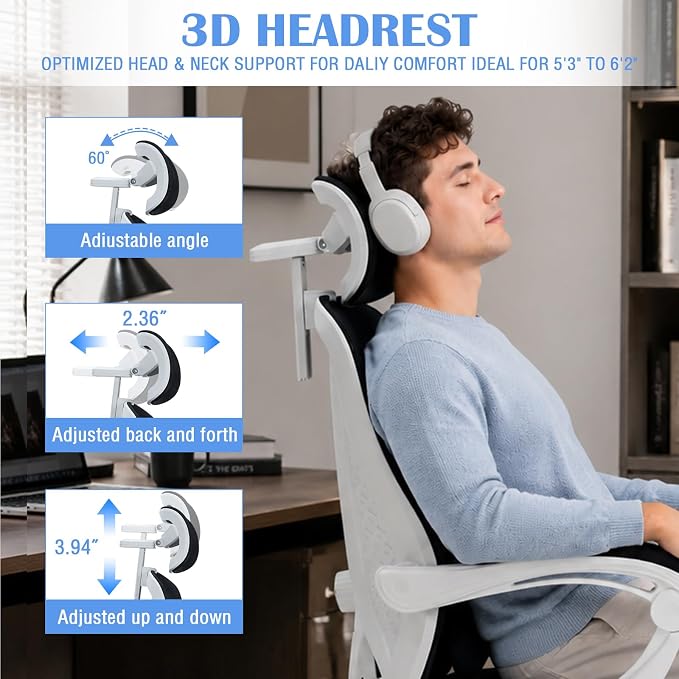 Ergonomic Home Office Chair with Footrest - Adjustable Lumbar Support & 3D Headrest, 90-160° Reclining Mesh High-Back Rolling Work Swivel Computer Chair-400lbs Capacity (White & Black)