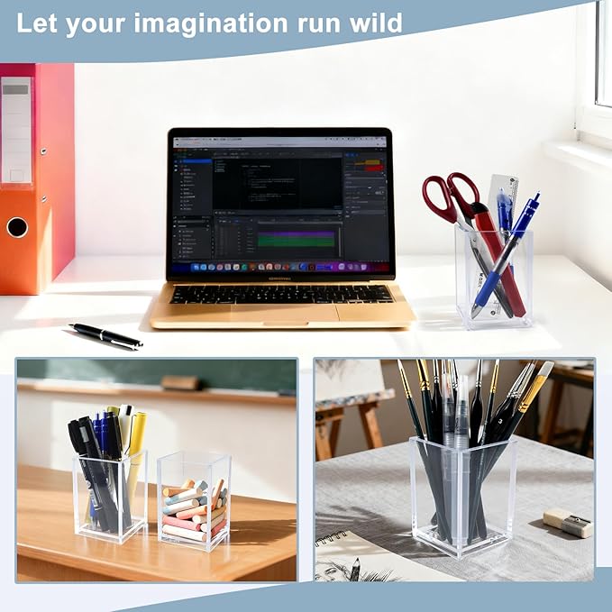 10 Pack Clear Acrylic Pen Holders, Pencil Cup Desk Organizers | Clear Acrylic Cups For Pens, Markers, Makeup Brushes, Stationery And Office School Home Supplies