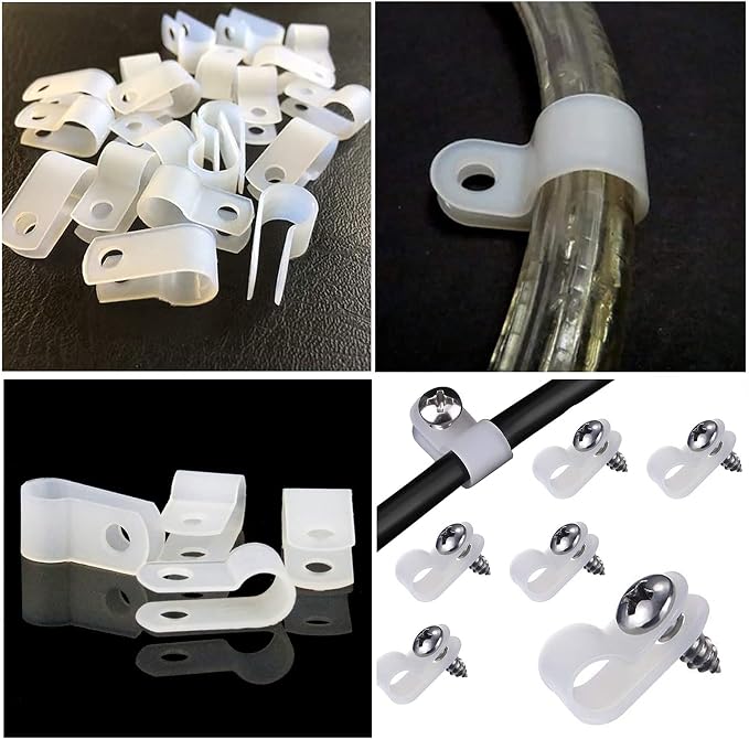 VIPMOON 100Pcs 5/16 Inch R-Type Cable Clamps, Nylon Plastic Cable Clips with Screws, Mounting Cord Fasteners for Electrical Wire Clamps Management, White