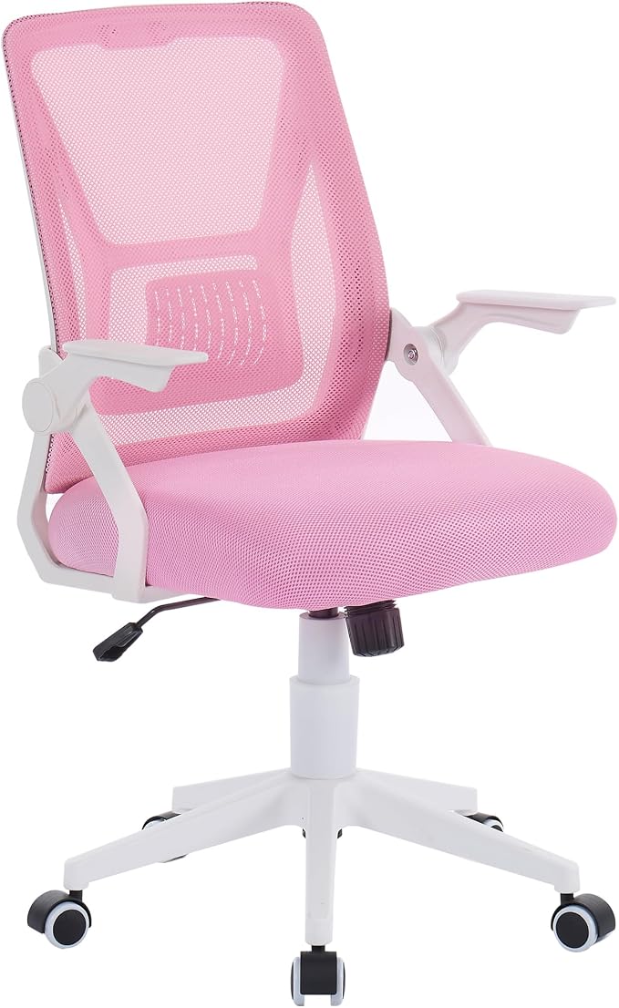 VECELO Mid-Back Swivel Ergonomic Office Chair with Adjustable Arms Mesh Lumbar Support for Computer Task Work, Pink