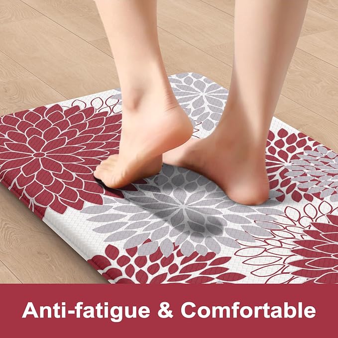KIMODE Kitchen Rugs and Mats Cushioned Anti Fatigue 2PCS Standing Mat | 17"x59"+17"x29",Floral,Red,Non-slip,Waterproof,Kitchen Runner Rug,Comfort Foam Paded Mat for Floors Office Laundry Sink