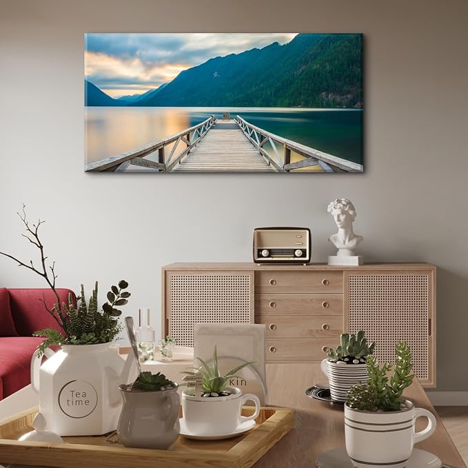 Olympic National Park Canvas Wall Art Crescent Lake Pictures Wood Dock Wall Decor Sunset Mountains Scenery Canvas Prints Photo Nature Artwork for Living Room Bedroom Office Home Decoration 24x48"