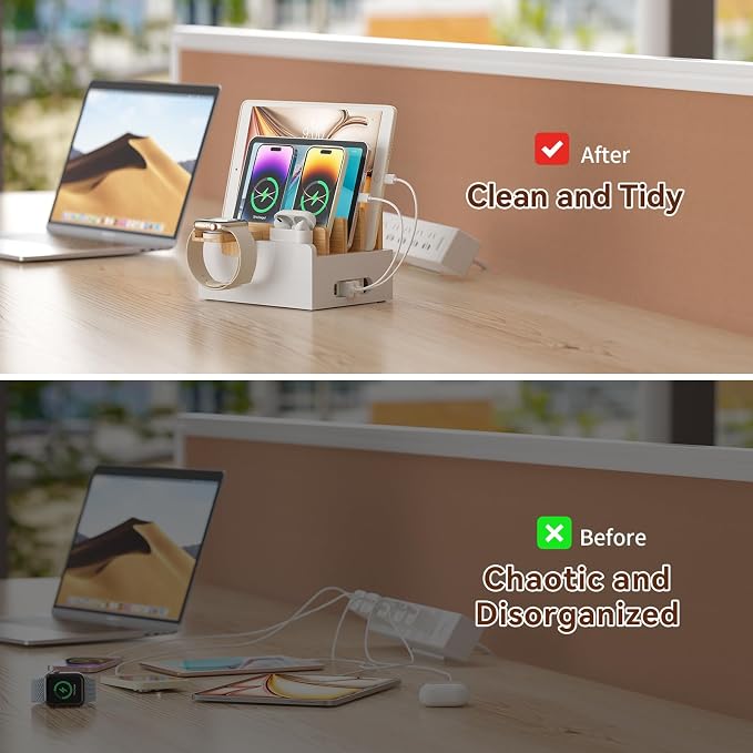 Pezin & Hulin Bamboo Charging Station with USB Charger&Cables-Natural+White | Desk Docking Station Smart Watch&Earbuds Stand for Multiple Devices Electronic Organizer for Cell Phone, Tablet