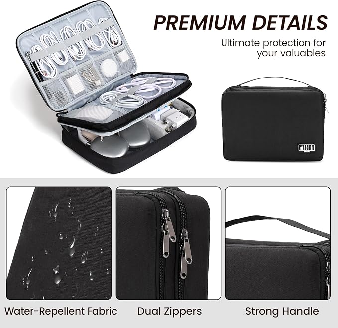 Large Electronic Organizer Travel Case, Double Layer Tech Accessories Bag with 3 DIY Adjustable Dividers, Waterproof Padded Cable Storage Pouch for Camera Gear, Power Bank, Hard Drive, Mouse