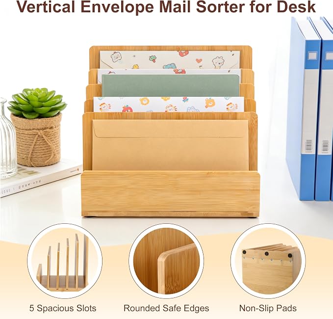 Bamboo Desk File Organizer, 5-Section Vertical Mail Sorter, Home Office Desktop Holder for Folders, Letters, Envelopes, Bills, Documents Storage