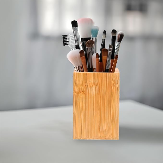 Eco-Friendly Bamboo Pen Holder | Minimalist Wooden Pencil Cup | Natural Desk Organizer Box for Office, School, or Vanity | Sustainable Square Storage Container | Unpainted Finish